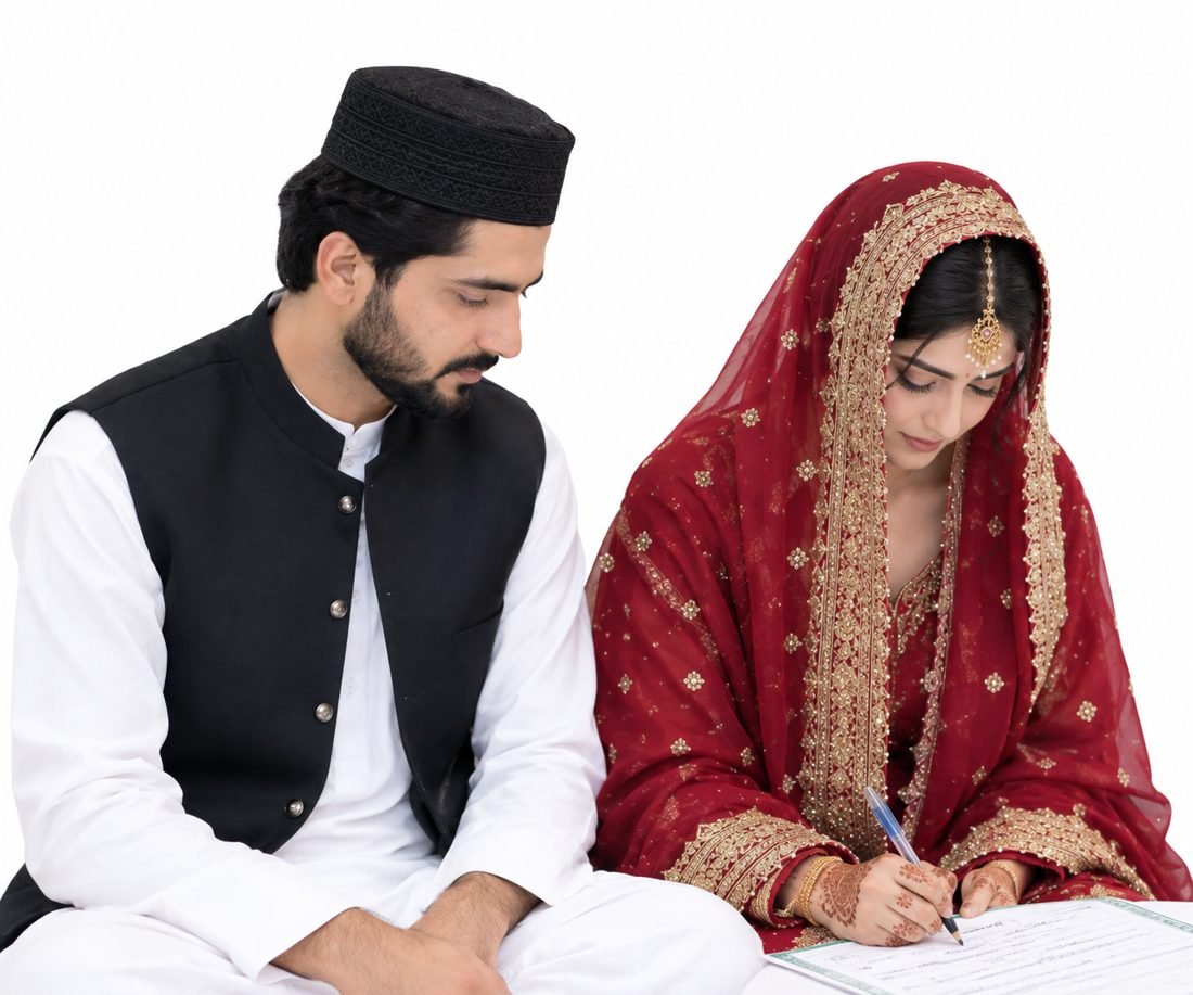 Arain couple signing their nikah nama